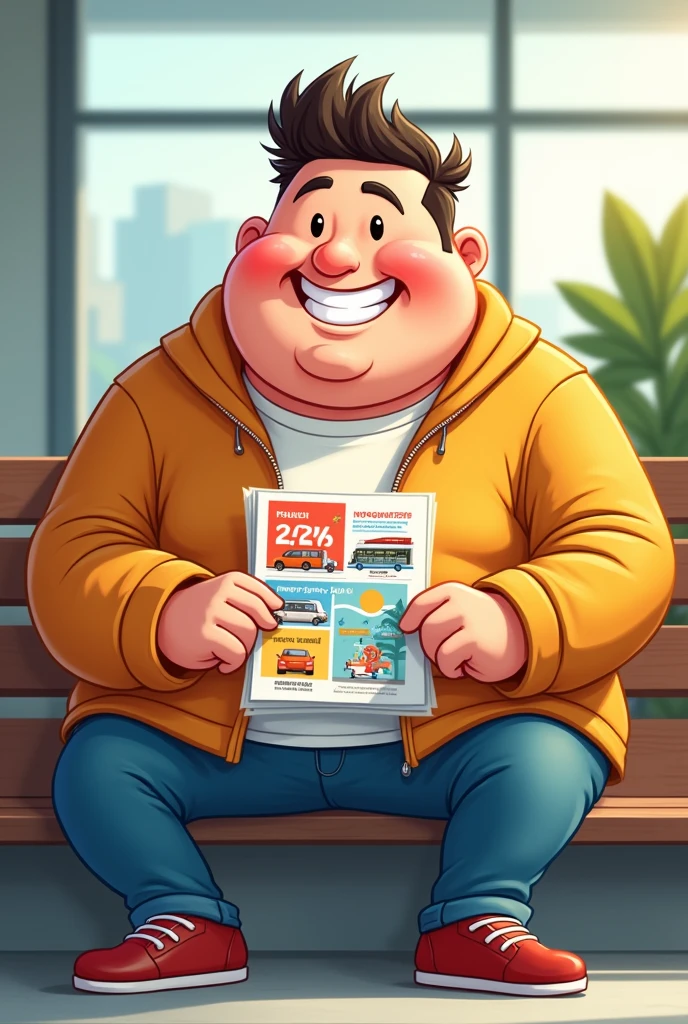 Man sitting and holding a public transport flyer the man is chubby, sonria, This greeting and let it all be in animation 