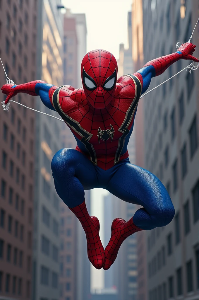 Create a Spiderman with a suit the color of the Venezuelan flag with white stripes and swinging on a web through the buildings of New York