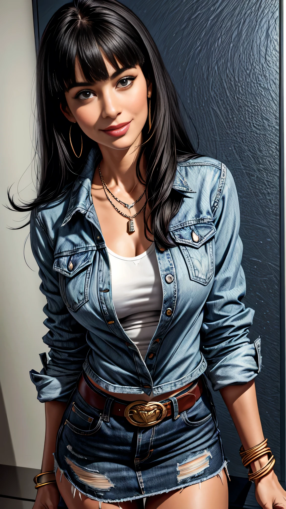 1 woman aged 30, Alone, long straight black hair, hits,looking at the viewer, detailed eyes, shy smile,jewelry, medium breasts, earrings,belt, blue denim jacket over white fitted t-shirt,mini skirt,collar, bracelet, Lips,((dynamic angle)),