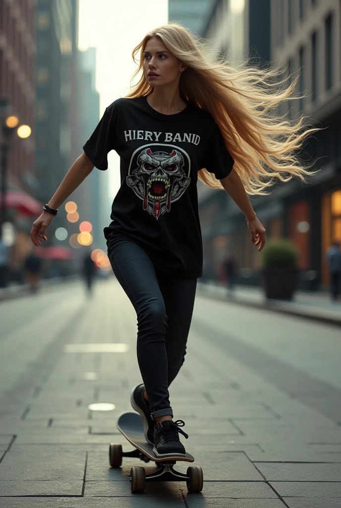 a beautiful sexy blonde skateboarding, dressed all in Black, wearing a heavy metal band t-shirt