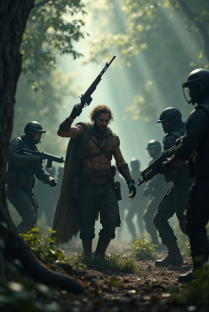 Create a lost hunter with a rifle fighting with bodyguards