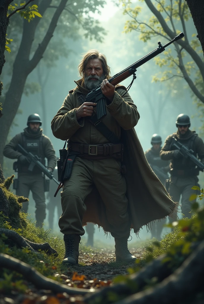 Create a lost hunter with a rifle fighting with bodyguards