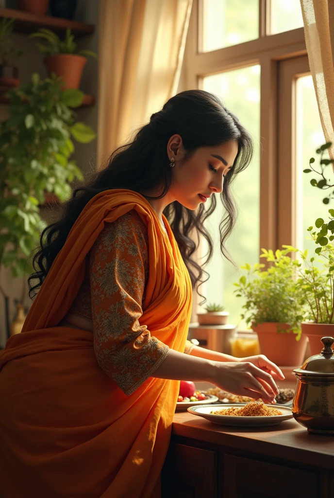 (photorealism:1.2), beautiful woman,, plants in background, window with sunlight, cozy rIn front was a beautiful pakistan aunty who was bent over to pick up the dishes. She big boobs clear seeing