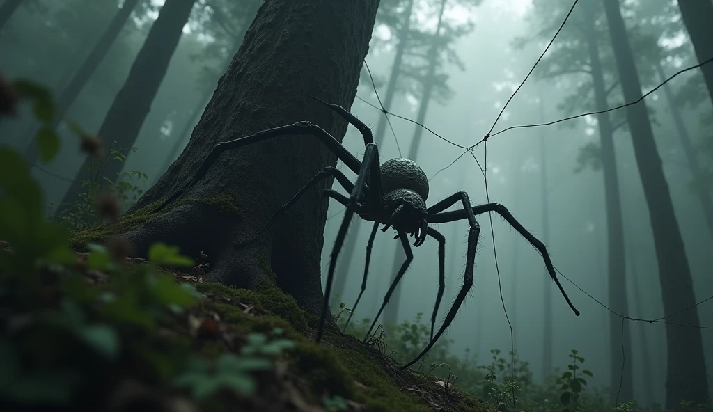 Photorealistic spider seen from the side descending a trunk in a dense and dark forest with fog. It has created many webs.