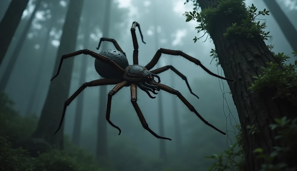 Photorealistic spider seen from the side descending a trunk in a dense and dark forest with fog. It has created many webs.
