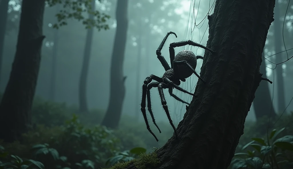 Photorealistic spider seen from the side descending a trunk in a dense and dark forest with fog. It has created many webs.
