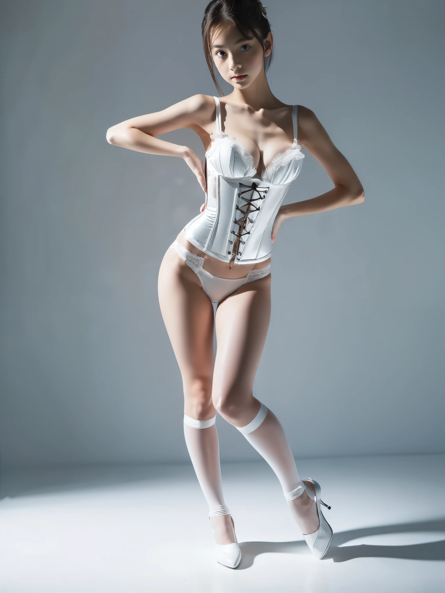 ((Full body portrait:1.5)),beautiful girls with  wearing pure white Sheer exotic corset bustier,Practicing Erotic dance with a serious look,Camera angle shooting from below,showing panties,Ultra high definition,Highest quality