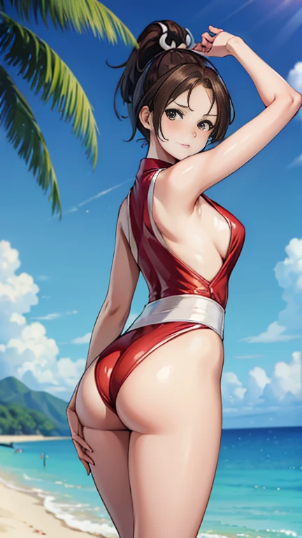 masterpiece, best quality, 1 girl, kinomoto sakura, antenna hair, brown hair, short hair, ponytail, green eyes, school swimsuit, hands behind head, one piece swimsuit, mouth closed, puffing out cheeks, angry, solo, looking at viewer, sea, sand, blue sky, tropical island background, sticking her ass out, sexy position, leaning on table looking at viewer, solo, outdoors, blue sky, park background