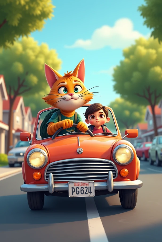 A cat teenager driving a kid to school