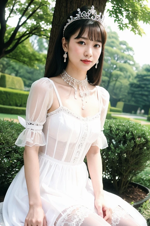 Girl in the palace garden,White princess dress with frills,tiara,necklace,Earrings,No lipstick,See-through tights,1,bangs,A small smile,feet,Straight hair,From below,Front light