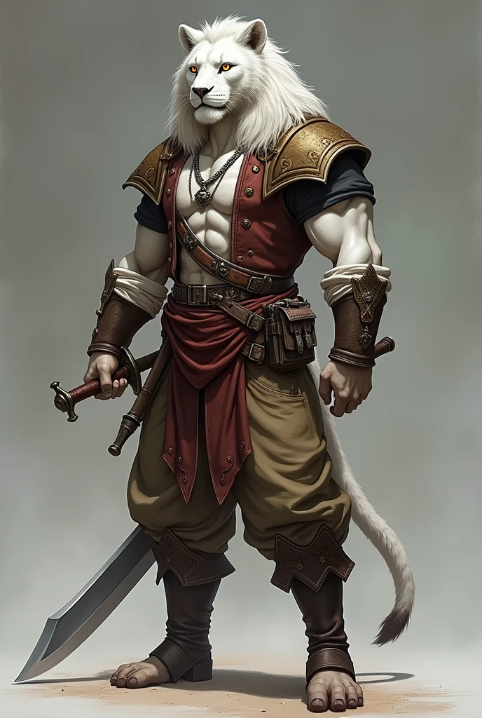 Description of Ezeros De&#39;Leon:

Breed and General Appearance: Moreau Lion with human characteristics. White and muscular skin, with an imposing posture that reflects his fighting nature. Its size is medium, but its presence is remarkable.

Face and head: He has a handsome, manly face., with a captivating smile that mixes charm and confidence. His eyes are golden, with a sharp and penetrating gaze. Lion&#39;s ears are visible above the head, with short, well-groomed hair. Her hair is obsidian black, brushed back and slightly tousled, giving an air of indomitable.

badass clothing: Ezeros is dressed in pirate clothes adapted for battle. Wear a long-sleeved shirt made of durable fabric., open in the chest, revealing a defined chest. The shirt is complemented by a reinforced leather vest, with gold details that add a touch of sophistication. He wears baggy, sturdy pants, with belts and buckles that support your weapons and equipment. The boots are tall and made of dark leather., designed to withstand varied terrains.

Equipment and Accessories: Ezeros is equipped with arm guards and combat gauntlets, which are detailed and reinforced to maximize their mobility and combat effectiveness. He carries a long, well-forged sword at his waist., with an elaborate grip that reflects the pirate style. Em seu cinto, there is also a small bag of tools and potions, ready for any battle situation.

Posture and Expression: He's in a combat posture, with one foot forward and arms slightly raised, ready to attack or defend. Your expression is confident and determined, with a gleam in his eyes that conveys the feeling of an experienced and fearless fighter.

This description should help create a clear visual image of Ezeros De&#39;Leon, highlighting both his imposing appearance and his pirate and fighter characteristics. If you need more details or adjustments, just let me know!