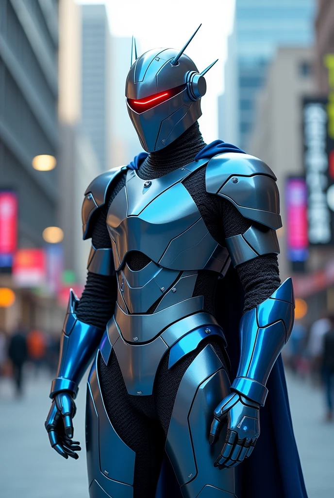 create a full body image of a modern techo knight, blending the appearance of knight armor with a futuristic technology. The helmet should resemble a barbuda helmet, with a narrow red visor and antennae on the sides. The metal plates should be shiny and reflective. The armor has a high collar, and intricate details. The gloves, boots and chest plate should be blue while the rest of the armor plates should be grey. There is a tech under-suit. the background is that of a modern city street. do not include a cape, do not show a cape, no cape. blue gloves, blue chest. add intricate technological details to the armor.