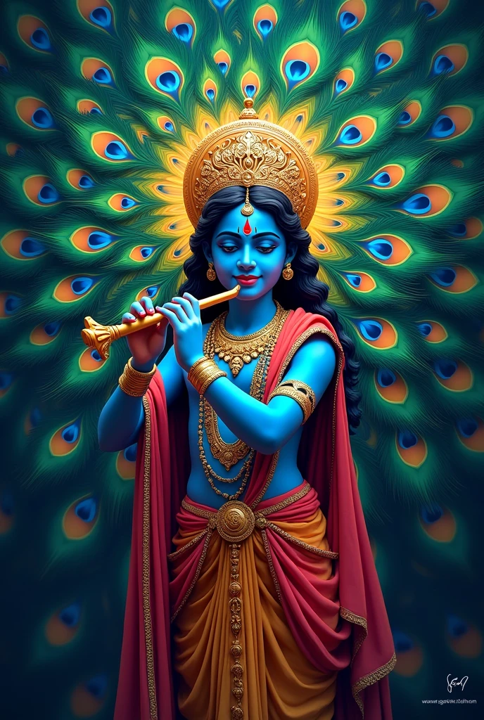 Write a name of shree nidhi fashion with background peacock feathers and with krishna holding flute congratulating janmashtami