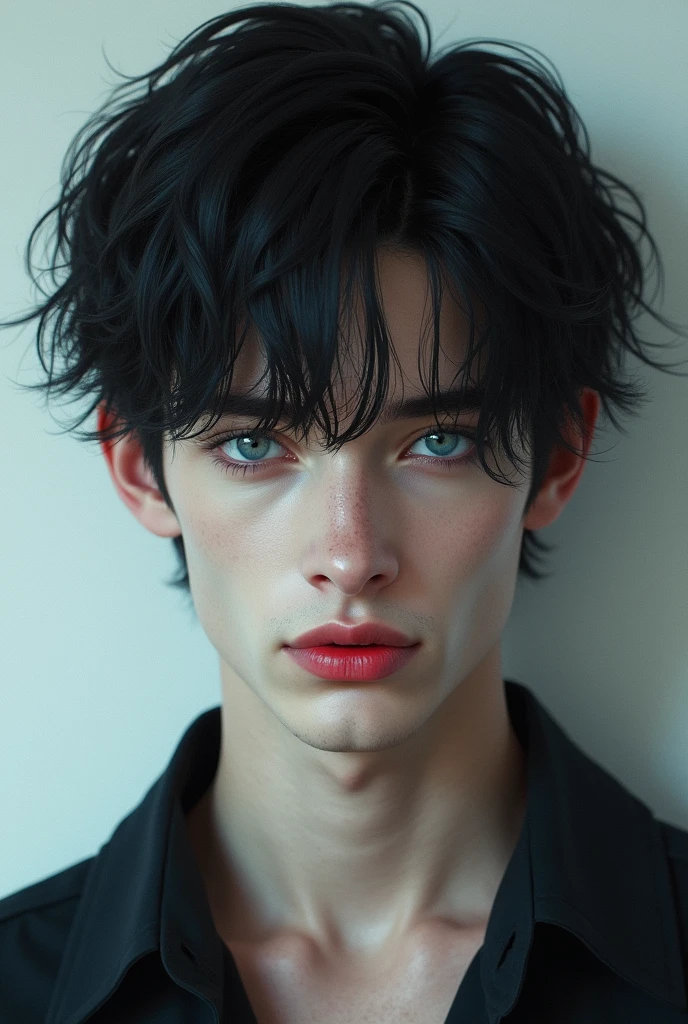 Young man, skin as white as snow, raven black hair, deep blue eyes, big red lips, defined jaw, slightly highlighted cheekbones, defined body