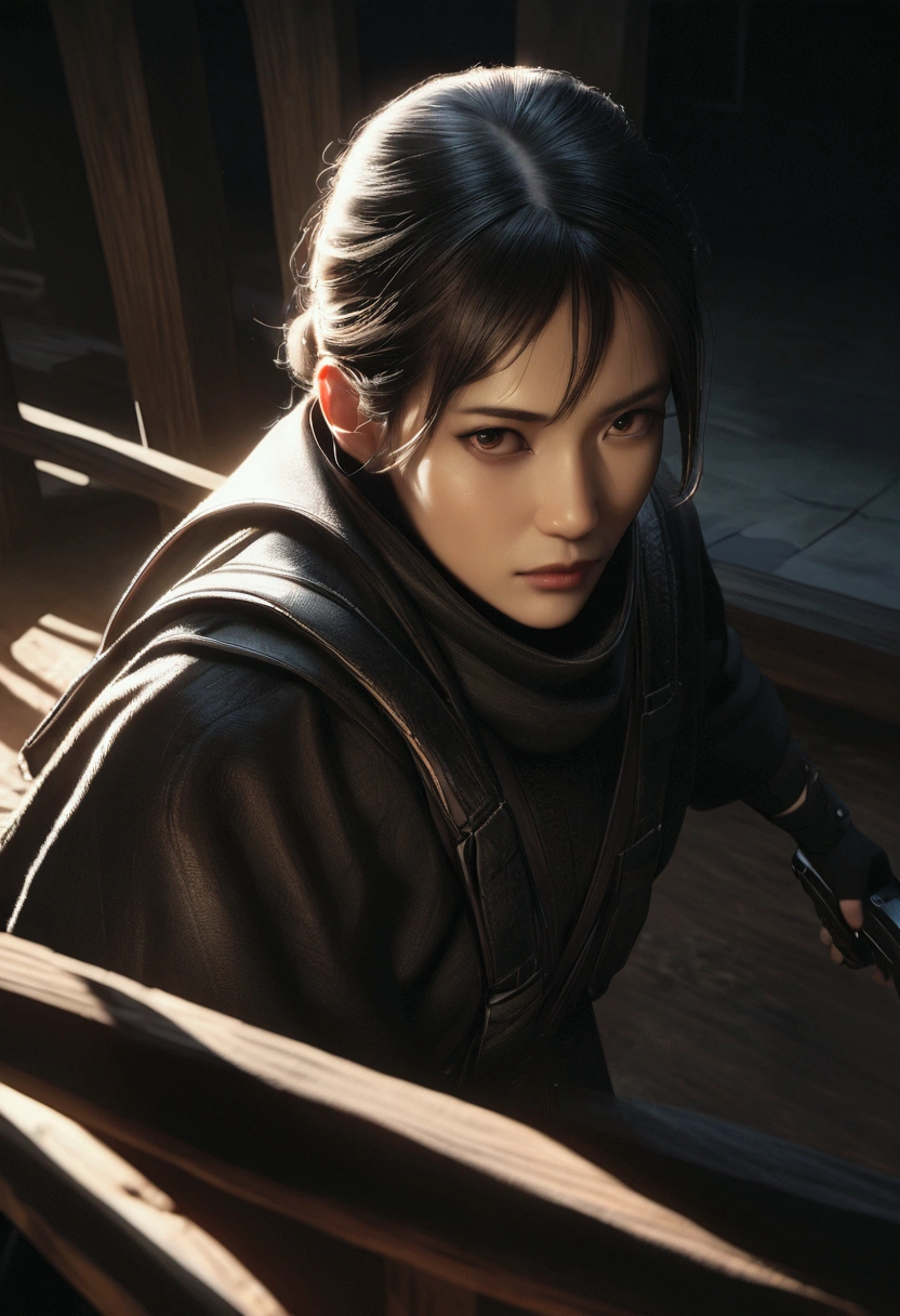 ninja with two pistols, highly detailed facial features, intricate black clothing, dark shadows, dramatic lighting, cinematic composition, high textures, photorealistic, 8k, masterpiece