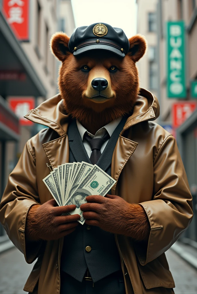 Image of a brown bear in a cap and raincoat, holding a wad of money in his paws,Trends in Art Station,Wear formal clothing,Ultra-realistic detailed rendering,urban style,intimidating pose,planet of cats,Fashionable outfit,urbansamurai,cat,Wearing a cap,The bank building in the background
