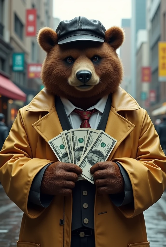 Image of a brown bear in a cap and raincoat, holding a wad of money in his paws,Trends in Art Station,Wear formal clothing,Ultra-realistic detailed rendering,urban style,intimidating pose,planet of cats,Fashionable outfit,urbansamurai,cat,Wearing a cap,The bank building in the background