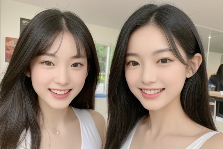 (realistic、masterpiece、Best Quality、8K、highres、high resolution:1.3)、two women in white bikini posing for a picture, with a twin, two girls, sakimichan, twins, beautiful gemini twins portrait, ulzzang, beautiful gemini twins, adult pair of twins, bbwchan, 3/4 bust, cutecore, milky white skin, good young girl, korean girl, yanjun chengt Huge breasts、smile, looking at viewers、super fine face and eyes、long hair、indoor、 upper body、