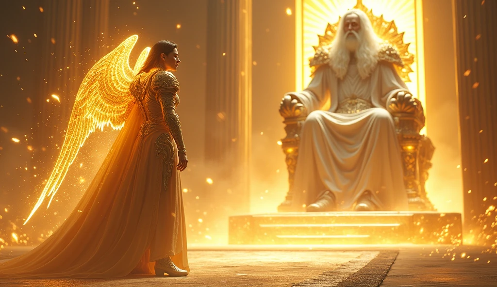 holy paladin, glowing light eyes, glowing golden wingiomechanicals, The colors are very vivid, Light particles, Glowing light angel, wings on angel's back, Mshiv, wallpaper art, ultra HD wallpaper, looking upon a super Gigantic God with white hair and white beard, seated on his large golden white thrown, 32K UHD, style raw.