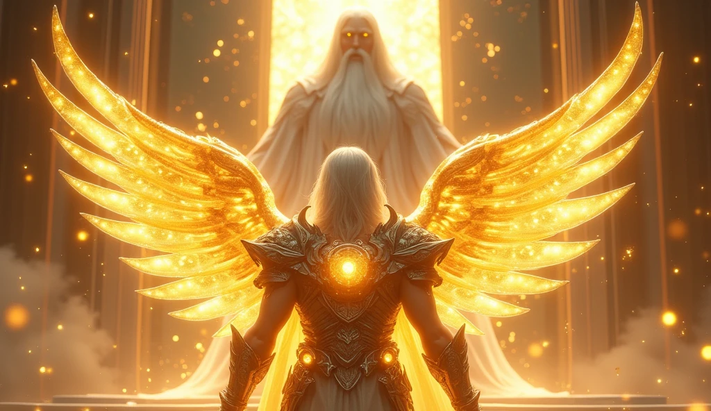 holy paladin, glowing light eyes, glowing golden wingiomechanicals, The colors are very vivid, Light particles, Glowing light angel, wings on angel's back, Mshiv, wallpaper art, ultra HD wallpaper, looking upon a super Gigantic God with white hair and white beard, seated on his large golden white thrown, 32K UHD, style raw.