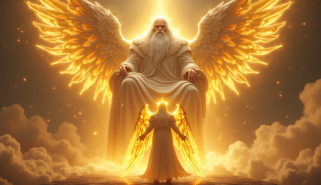 holy paladin, glowing light eyes, glowing golden wingiomechanicals, The colors are very vivid, Light particles, Glowing light angel, wings on angel's back, Mshiv, wallpaper art, ultra HD wallpaper, looking upon a super Gigantic God with white hair and white beard, seated on his large golden white thrown, 32K UHD, style raw.