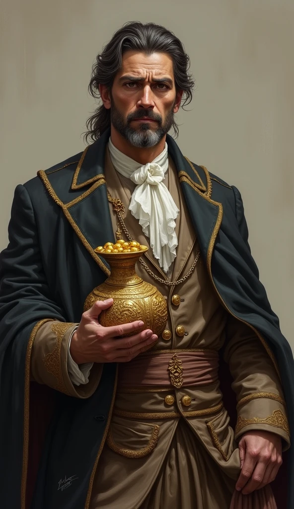 A middle-aged man dressed in fine, elaborate clothing that reflects his immense wealth. Arjun has a handsome, yet troubled expression, his eyes hinting at the emptiness he feels inside despite his riches. He carries a small, ornate pouch filled with gold coins, symbolizing his material wealth. Throughout the story, his demeanor shifts from one of pride to introspective humility as he learns about the true riches of the heart.