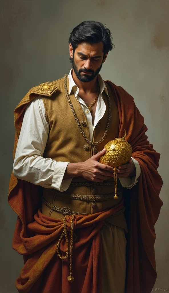 A middle-aged man dressed in fine, elaborate clothing that reflects his immense wealth. Arjun has a handsome, yet troubled expression, his eyes hinting at the emptiness he feels inside despite his riches. He carries a small, ornate pouch filled with gold coins, symbolizing his material wealth. Throughout the story, his demeanor shifts from one of pride to introspective humility as he learns about the true riches of the heart.