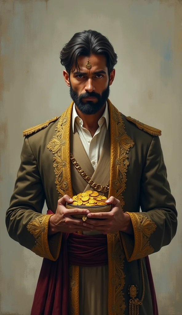 A middle-aged man dressed in fine, elaborate clothing that reflects his immense wealth. Arjun has a handsome, yet troubled expression, his eyes hinting at the emptiness he feels inside despite his riches. He carries a small, ornate pouch filled with gold coins, symbolizing his material wealth. Throughout the story, his demeanor shifts from one of pride to introspective humility as he learns about the true riches of the heart.