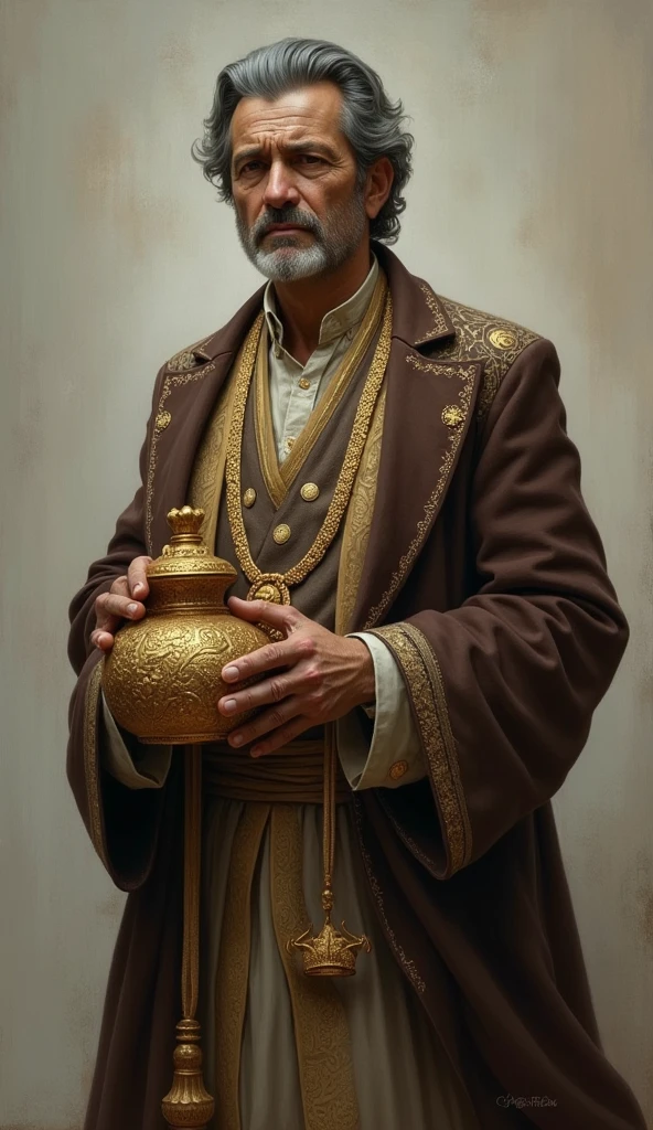 A middle-aged man dressed in fine, elaborate clothing that reflects his immense wealth. Arjun has a handsome, yet troubled expression, his eyes hinting at the emptiness he feels inside despite his riches. He carries a small, ornate pouch filled with gold coins, symbolizing his material wealth. Throughout the story, his demeanor shifts from one of pride to introspective humility as he learns about the true riches of the heart.