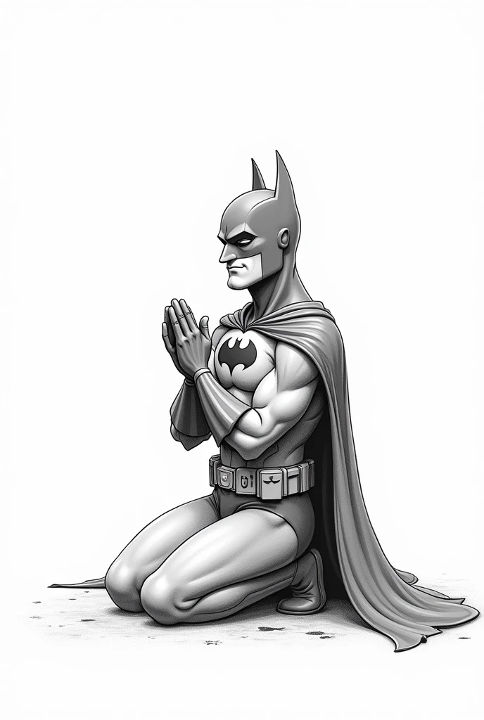 Create an illustration to color. coloring picture. imagem de Boken de ilustração. no shading. Batman praying, on your knees with your eyes closed. Full-body image. white background, with nothing. Imagem uncoloredes, disney pixar style drawing. Masterpiece artwork, best qualityer, hight contrast, uncolored, Boken , style cartoon, Sketch style, black and white without shading, uncolored, no shadow, style cartoon, line art,