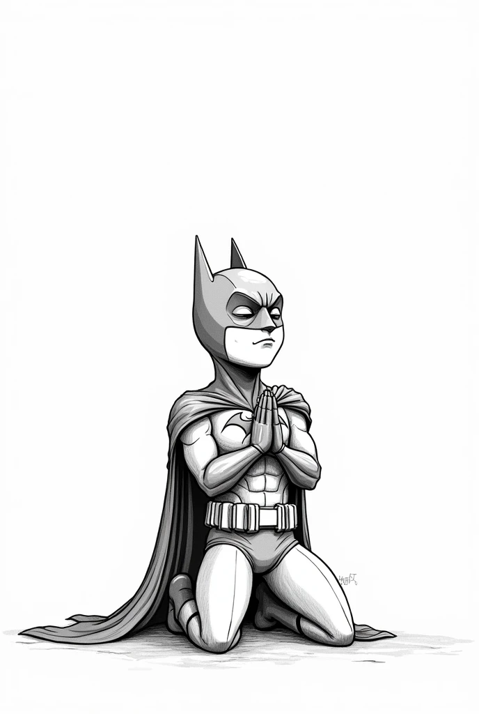 Create an illustration to color. coloring picture. imagem de Boken de ilustração. no shading. Batman praying, on your knees with your eyes closed. Full-body image. white background, with nothing. Imagem uncoloredes, disney pixar style drawing. Masterpiece artwork, best qualityer, hight contrast, uncolored, Boken , style cartoon, Sketch style, black and white without shading, uncolored, no shadow, style cartoon, line art,