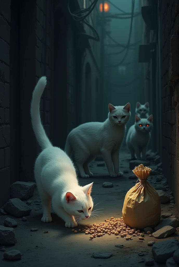 White cat gets food in a bag in dark alley, three cats watch from a distance