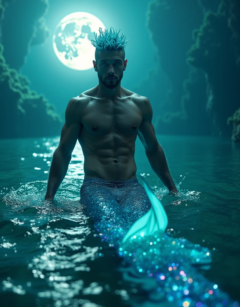 (masterpiece,Distinguished Quality,Mirror-like,Cinematic Experience, insanely detailed,absurdres),8k,full image shot), the shimmering, iridescent depths of an enchanted ocean, (1 male:1.6),mesmerizing sirens,(male, with mermaid tale:2.0),(male siren),(manly tale),(manly abs),(shaved head),(random coloured hair),aquamarine eyes gleam with an otherworldly allure, shimmering, crystalline tail glimmers with a soft, ethereal light, beckoning sailors to their doom with a haunting, melodic song that echoes through the mystical, moonlit waves, Imagine the captivating, underwater scene!