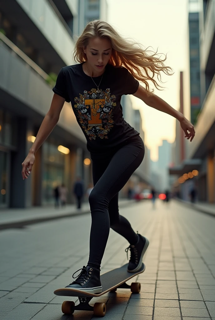 a beautiful sexy blonde skateboarding, dressed all in Black, wearing a heavy metal band t-shirt
