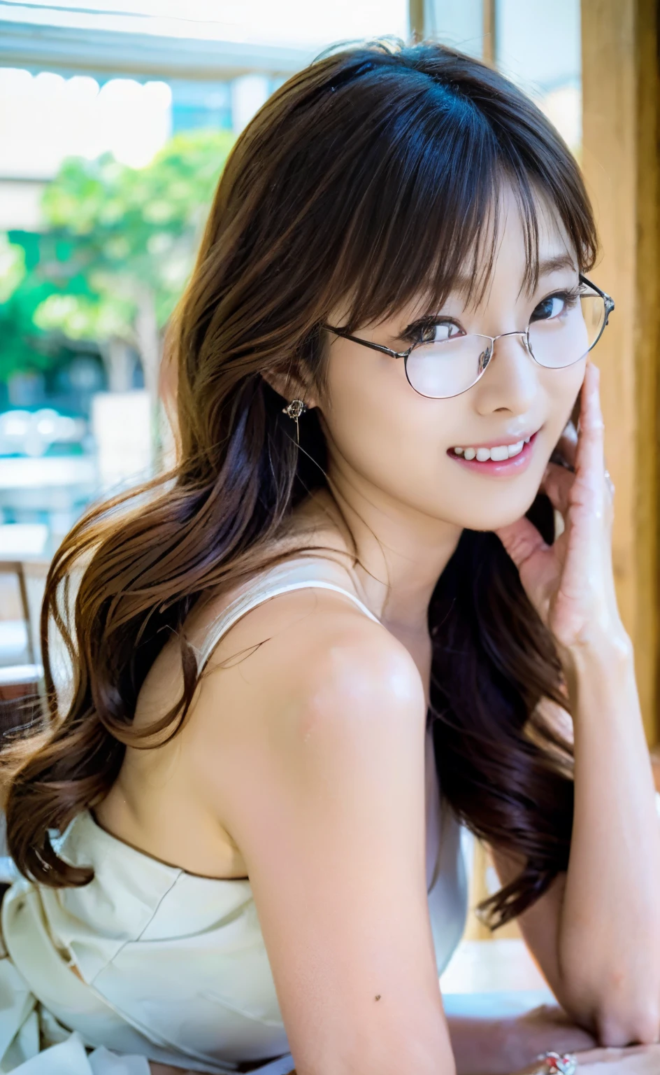 ((Perfect anatomy with detailed limb depictions)) ,4K,Tabletop,RAW Photos,最high quality,Realistic,Highly detailed CG Unity 4K wallpaper,Written boundary depth,Light from the window like a scene from a movie,Lens flare,Ray Tracing,(Very beautiful face,Beautiful Lips,Beautiful Eyes),Intricately detailed faces,((Highly detailed skin)),1 person,In the Dark,Deep Shadow,(((A cute and elegant Shiho-san with glasses, raised as a young lady, sitting by the window in the library in the morning))),Japanese Idol,1 person,(Slim and muscular body with a nice waist:1.3),(((Her profile is cute as she smiles while looking at the paperback book she is holding in one hand.))),(Heartwarming:1.3),(((Feminine glasses look great on you))),(A modest white blouse, long skirt, and pumps.),(Beautifully blurred background with deep depth of field),(Round table and wooden chairs by the window in the background:1.3),Beautiful earrings and bracelets,Clear Eyes,Reading quietly,(大きな目にHigh nose),An innocent smile,(Literary woman),(Full body shot with library background),((Sitting with legs crossed:1.3)),Tilt your head,Beautiful fingertips like white fish,E-cup beautiful breasts,(Full-body shot from a low angle),focus on,In front of eyebrows,Beautiful ponytail,Highly detailed face,4K Digital SLR,high quality,Film grain effect,Fujifilm XT3 style,Classic Movie Scenes,(Saiharu Body),(Delicate eyes and face),Professional Perspective,Amazing details,1 personの少女に凝縮された美しさ,繊細でHigh noseを持つ美しい顔,Long limbs like a model,Tight waist,High nose,Clear chestnut eyes,Glossy Lips,