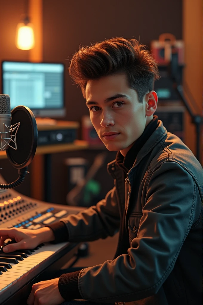 Create a young handsome attractive boy sitting in front of mike in his set up studio and I am watching him from front