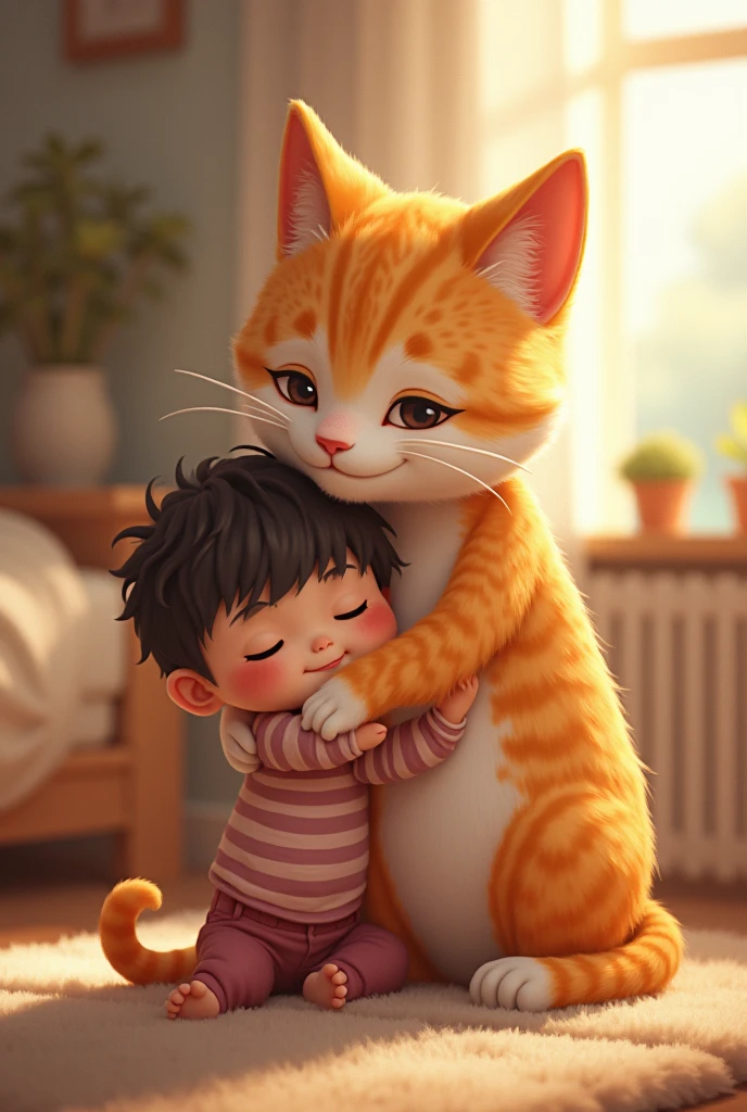 A cat teenager hugs a kid 