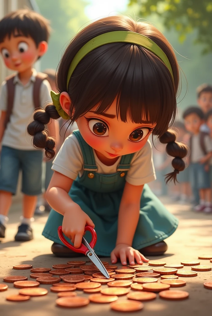 A girl cutting boys pennies