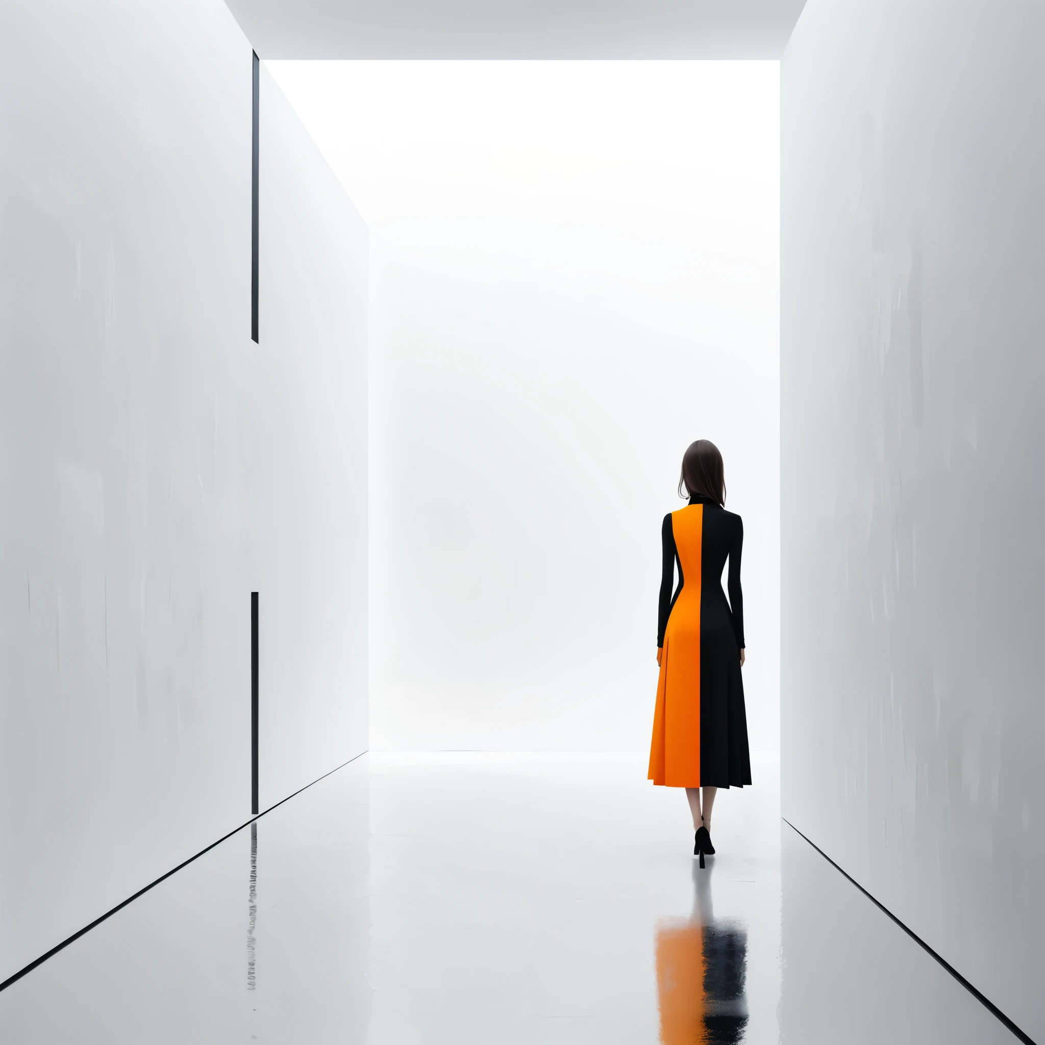 artistic inspiration of Pierre Soulages
white background,1girl,leaning_To_the_Side,fashion and gorgeous costumes,reverse cross,Unexpected composition,Unforgettable color combination,Negative Space Composition,Depth of Field,atmospheric perspective,vanishing point