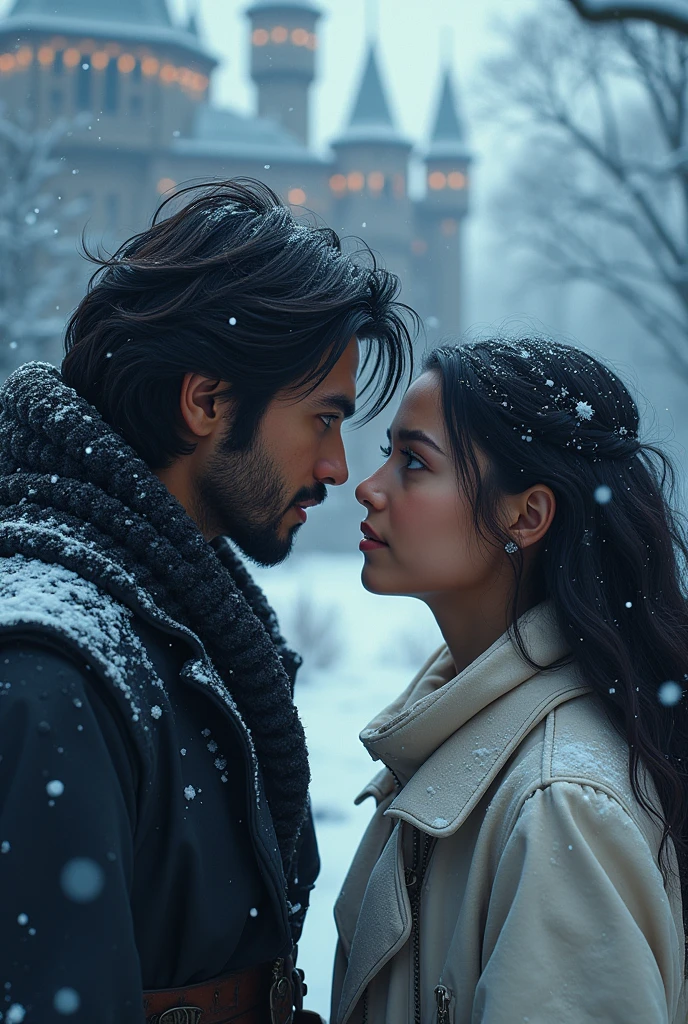 Book cover destiny traced actor Can Yaman big hair black actress curly hair there is a teenager eleven year old daughter straight black hair castle snow Christmas 