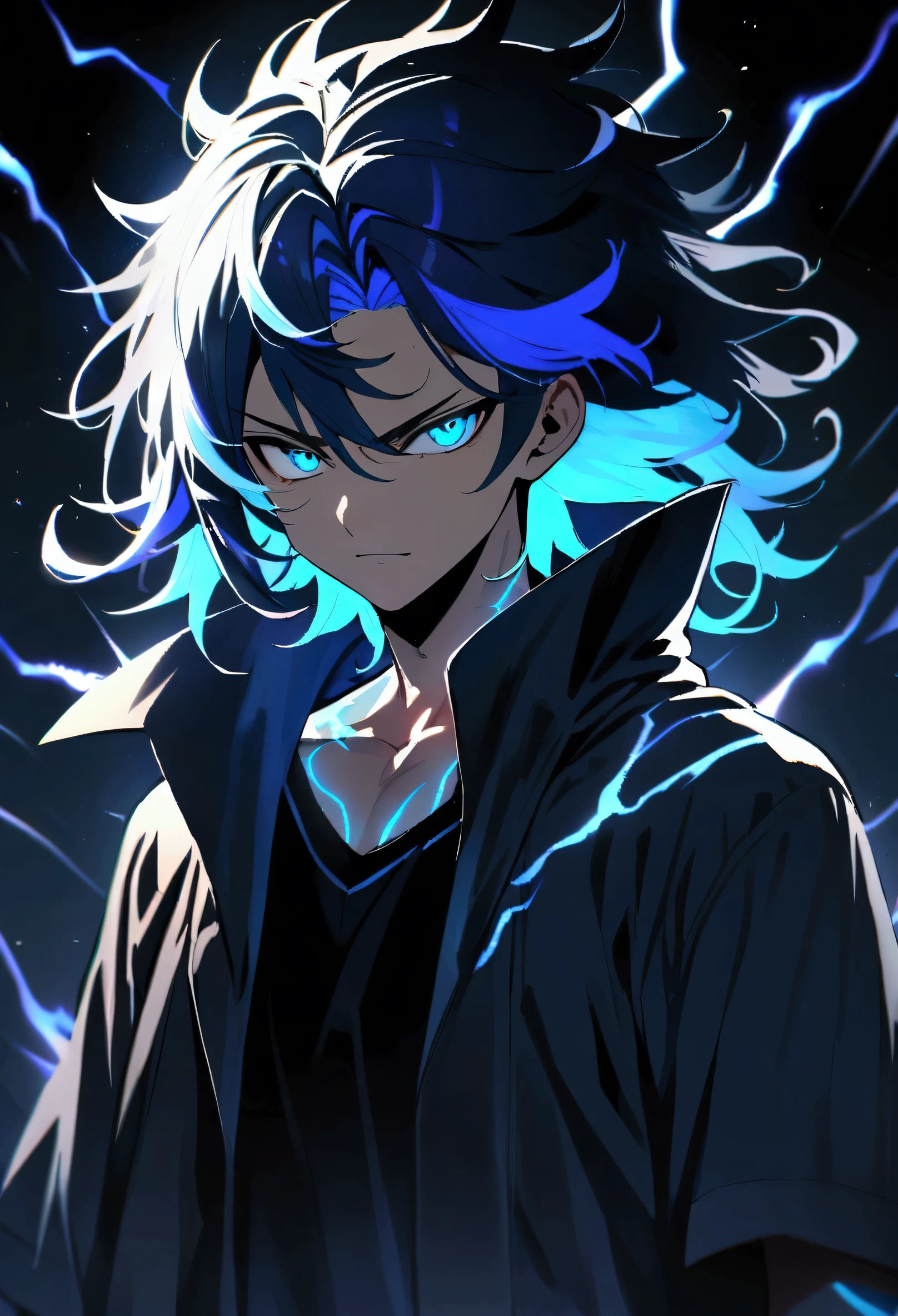  boy, spiky hair, medium length hair, multicolored black and blue hair, blue colored eyes, serious face, simple smile, black jersey, loose dark blue short-sleeved overcoat, blue tattoos on the body, electric aura, 