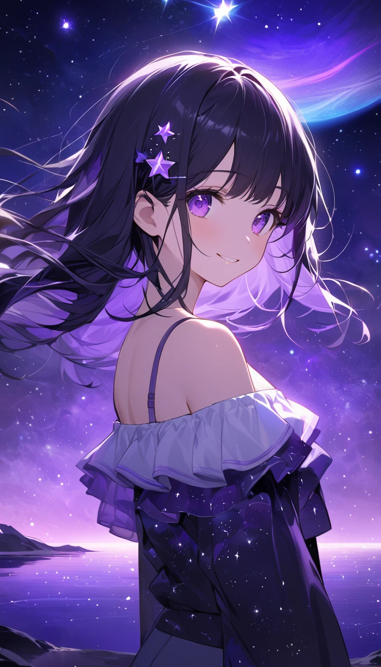 standing in front of a lake with a space theme, primarily in purple and white colors. The background should feature glowing stars, constellations, and comets scattered across the sky. Include a large, ringed planet in the lower left corner, with smaller planets and star-shaped accents throughout the scene. Add subtle nebula clouds and a gradient from dark purple to lighter shades, creating depth and a sense of vast space., Long black hair and purple eyes、A beautiful adult character wearing a black off-the-shoulder light denim top。She has purple hairpins in her hair、smile。Light up your face in a dimly lit atmosphere。Emotional atmosphere。Upper body close-up。front。