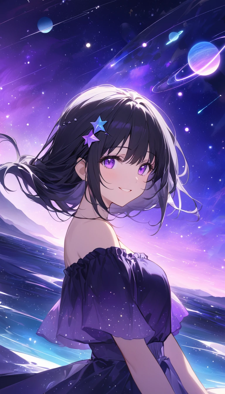 standing in front of a lake with a space theme, primarily in purple and white colors. The background should feature glowing stars, constellations, and comets scattered across the sky. Include a large, ringed planet in the lower left corner, with smaller planets and star-shaped accents throughout the scene. Add subtle nebula clouds and a gradient from dark purple to lighter shades, creating depth and a sense of vast space., Long black hair and purple eyes、A beautiful adult character wearing a black off-the-shoulder light denim top。She has purple hairpins in her hair、smile。Light up your face in a dimly lit atmosphere。Emotional atmosphere。Upper body close-up。front。