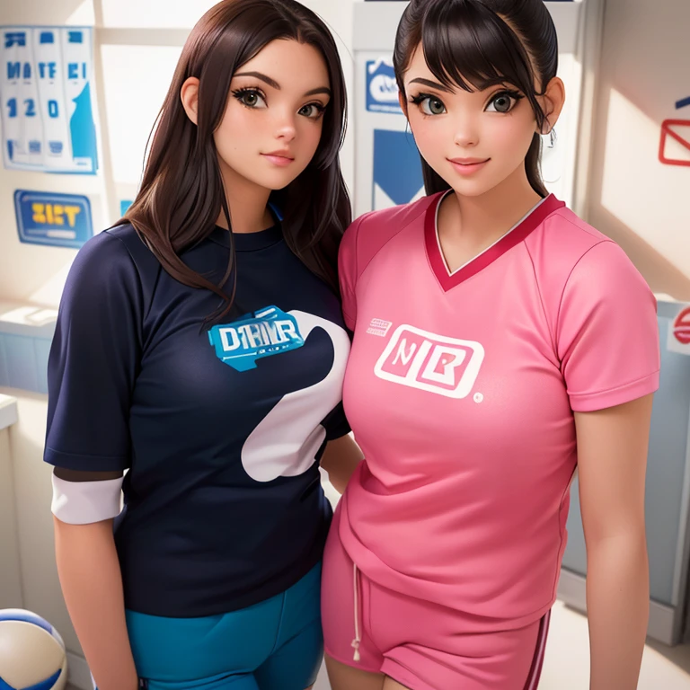 they are two women standing next to each other in a room, college girls, wearing netrunner clothing, wearing shirts, pic, marketing photo, wearing a t-shirt, wearing a volleyball jersey, posing for a picture, wearing rr diner uniform, on set, wearing a shirt, screen printing, modeling for dulce and gabanna, graphic print