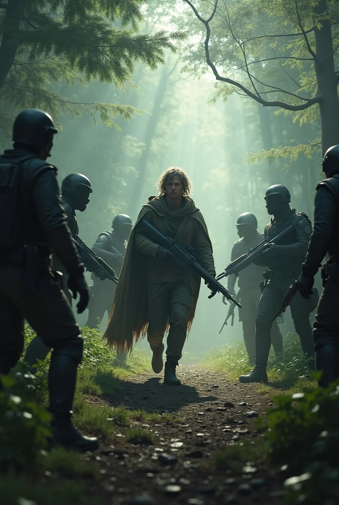 Create a lost hunter with a rifle fighting with bodyguards