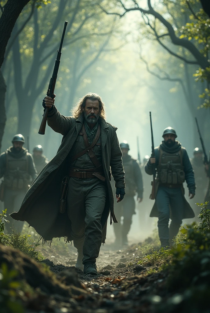 Create a lost hunter with a rifle fighting with bodyguards