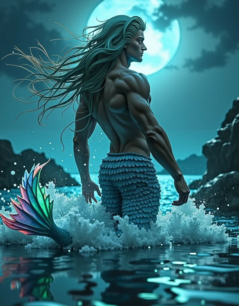 (masterpiece,Distinguished Quality,Mirror-like,Cinematic Experience, insanely detailed,absurdres),8k,full image shot), the shimmering, iridescent depths of an enchanted ocean, (1 male:1.6),mesmerizing sirens,(male, with mermaid tale:2.0),(male siren),(manly tale),(manly abs),(all hair types),(random coloured hair),aquamarine eyes gleam with an otherworldly allure, shimmering, crystalline tail glimmers with a soft, ethereal light, beckoning sailors to their doom with a haunting, melodic song that echoes through the mystical, moonlit waves, Imagine the captivating, underwater scene!