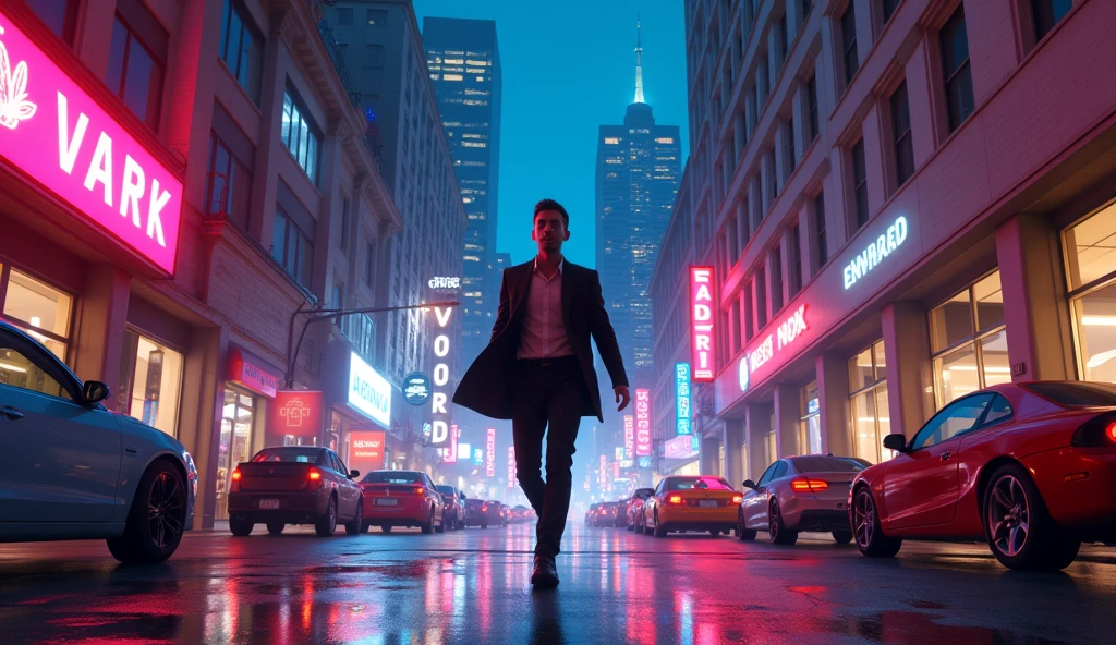 A person leaving work, dressed up and ready to go to a party, cityscape background, neon lights, Friday night atmosphere, urban fashion style, dynamic composition, cinematic lighting, vibrant colors