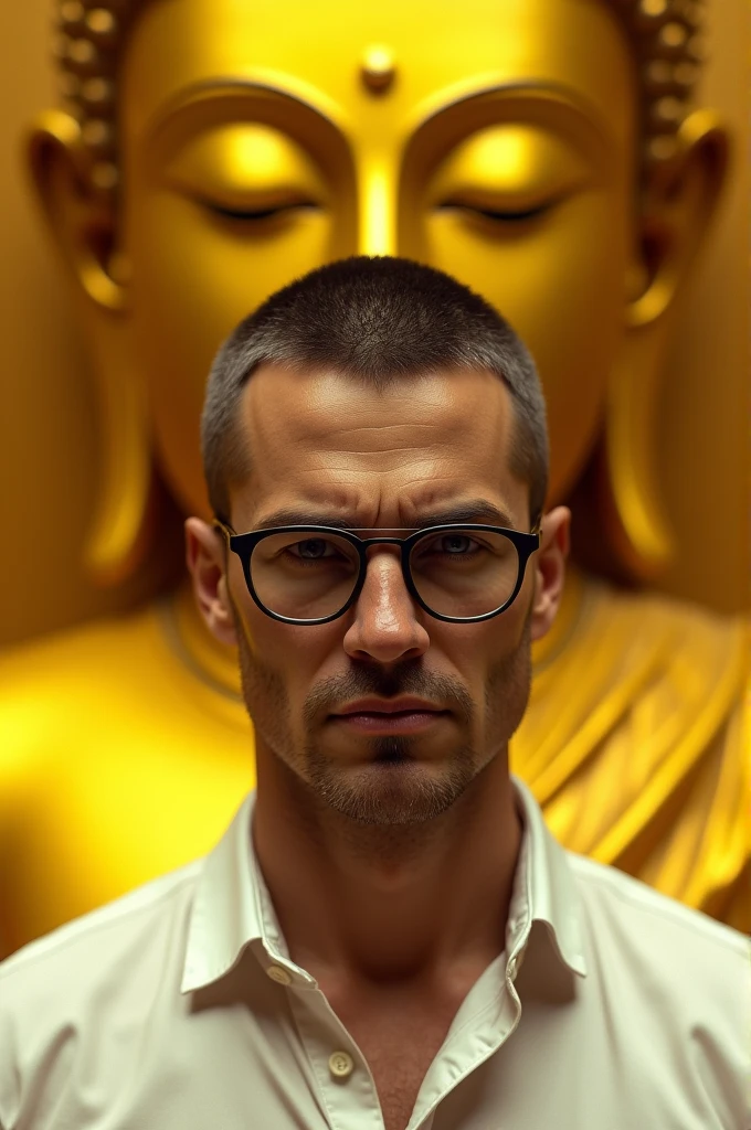 Brutal, handsome man short hair wearing eyeglasses,thin smile, white shirt, yellow Buddha is the background, yellow atmosphere 
