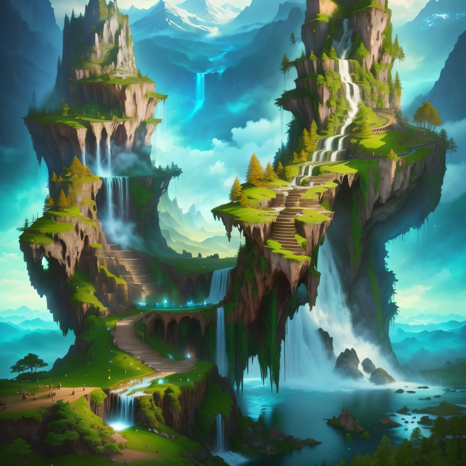 Waterfall and mountain waterfall images, Impressive fantasy landscapes, Detailed fantasy digital art, Fantasy Art Landscape, 4k fantasy art, Made of trees and fantasy valleys, Fantasy landscape painting, Highly detailed 4k digital art., Grand fantasy digital art style, Highly detailed fantasy, Detailed fantasy art, Amazing fantasy art, A grand fantasy landscape, No buildings, Add another waterfall on the side